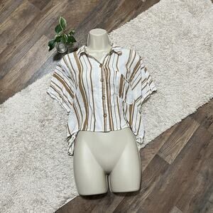 Aeropostale Size XL White Mustard Yellow Striped Cropped Button Down Top